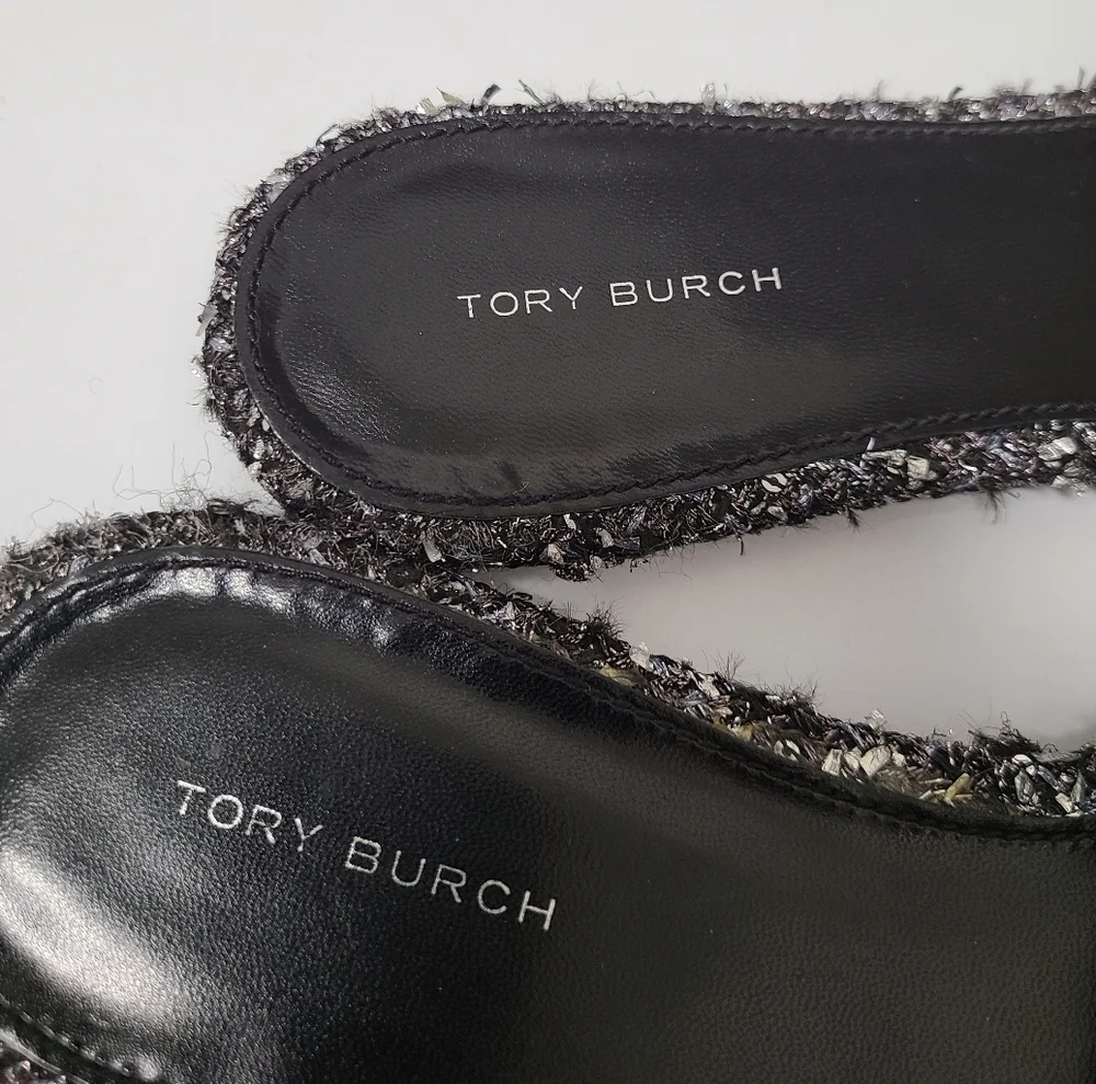 Tory Burch Eleanor Pavé Logo Slide Sandal in Silver Confetti/Perfect Black Sz 8
